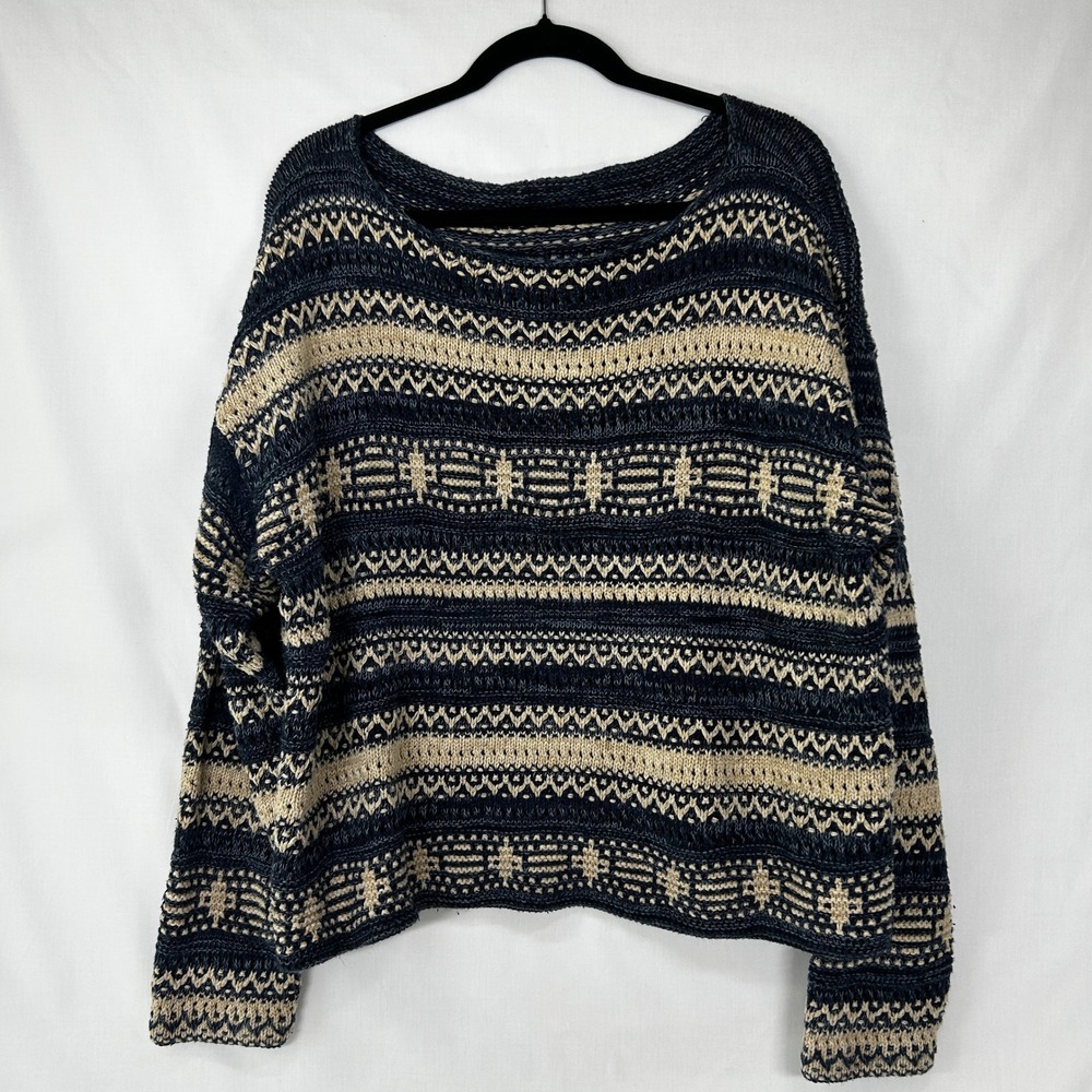 Lauren Ralph Lauren Navy Blue Cream Geometric Knit Open Boatneck Sweater L/XL